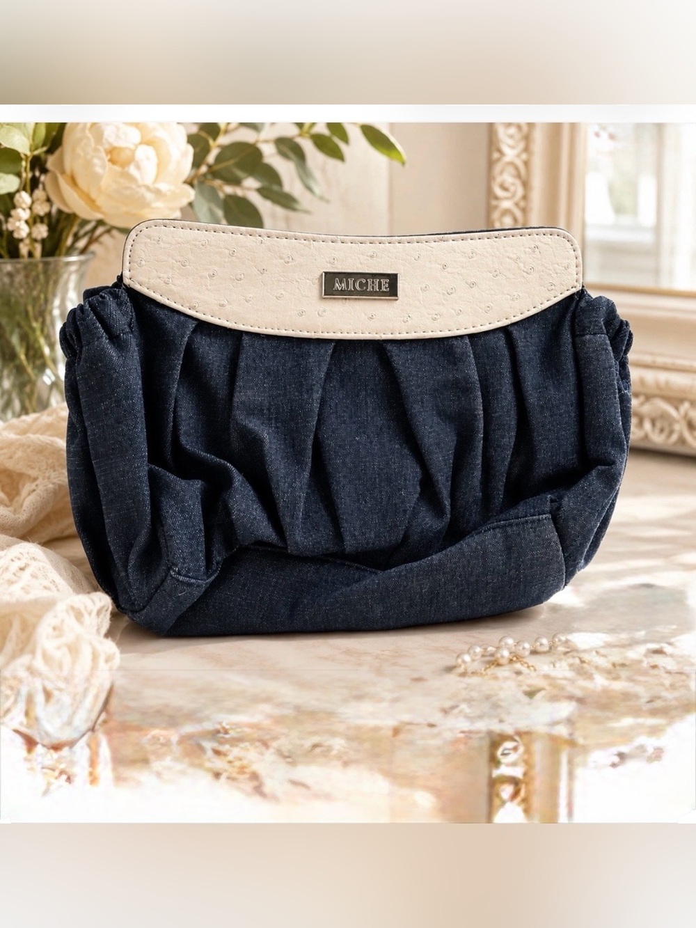 Miche Premium Classic Shell Only Deniece Cream Faux Ostrich Denim Purse Cover